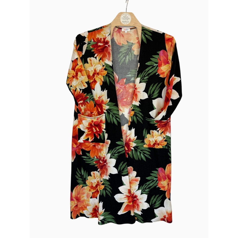 LuLaRoe XL Floral Open Front Cardigan‎ Black Tropical Duster Cover Up Pockets